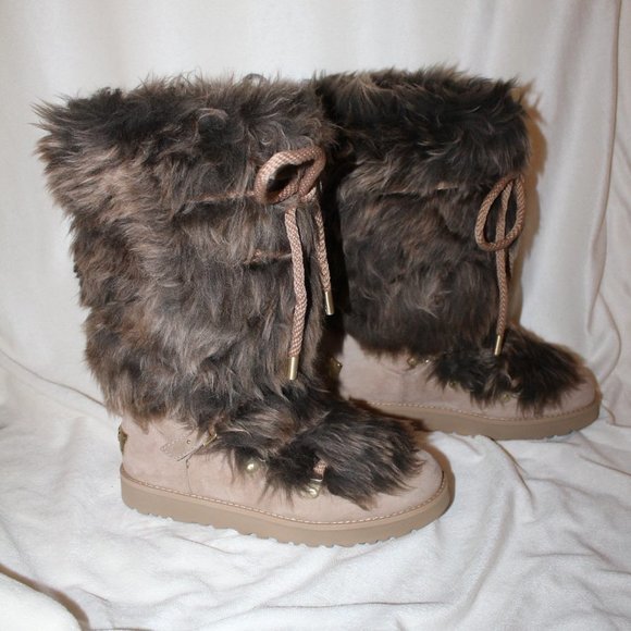 NIB UGG TALL POSH‎ FUR SUEDE LIMITED BOOTS BEACHWOOD BROWN TAN - Picture 1 of 9